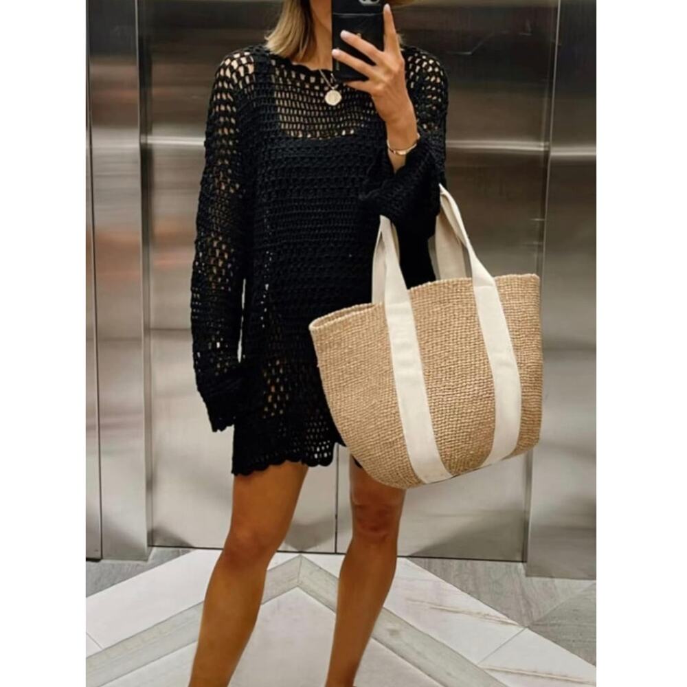 Prinbara Crochet Cover Up Women SZ S Black Long Sleeve Mesh Knit Beach Dress S4 - Picture 6 of 8